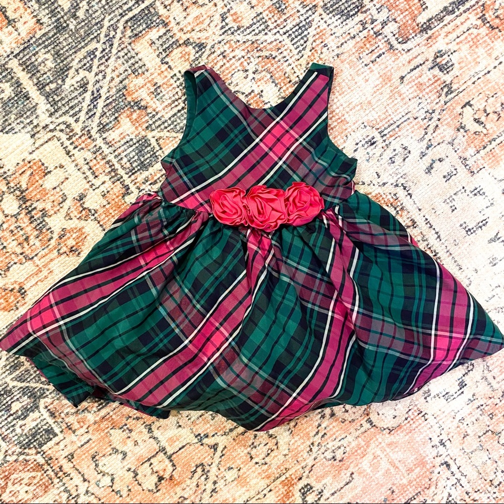 Janie & Jack Pink/Green Plaid Rose Dress 6-12m